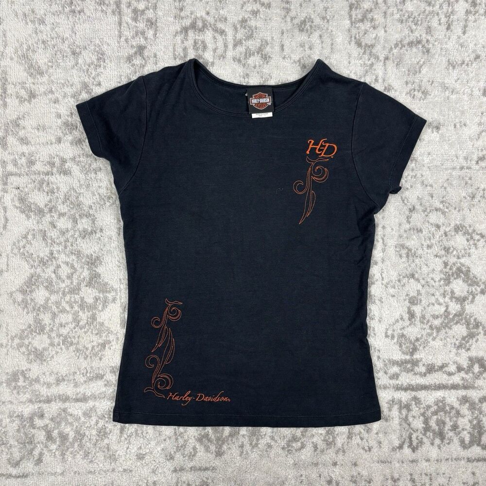 Harley Davidson Women's Shirt Top Black Embroidered Y2K Fitted Size Large